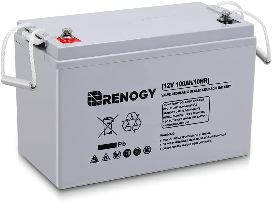 Renogy Deep Cycle AGM battery 12V 100Ah, 3% self discharge rate, 2000A maximum discharge current, safe charging of most household appliances, applicable to RV, camping, cabin, marine and off grid systems, maintenance free